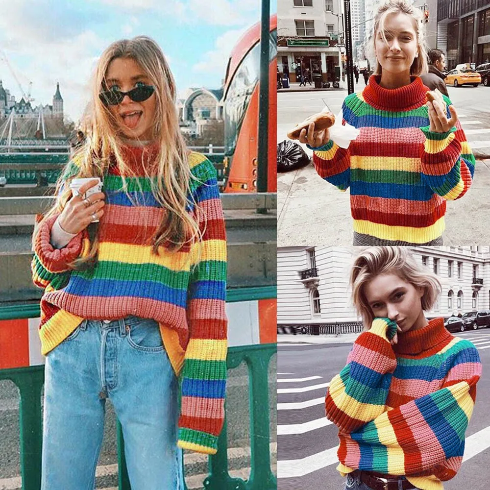 Tanie Rainbow kolorowy pasek sweter kobiet swetry w stylu casual jesień moda sweter z golfem luźne swetry Jumper Pull Femme