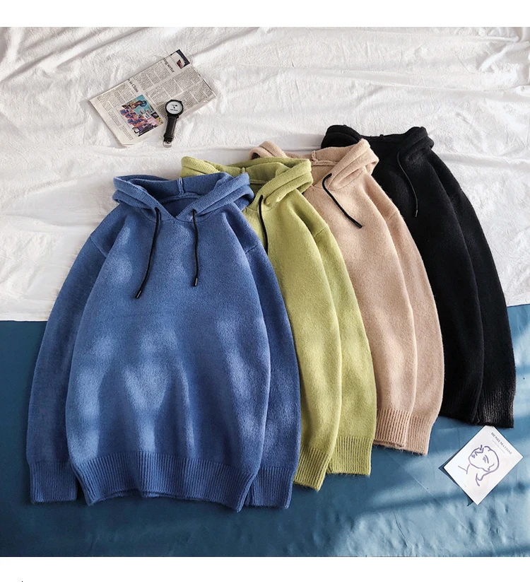 Winter Hooded Sweater Men's Warm Fashion Solid Color Casual Knit Pullover Men Wild Knitting Sweaters Male Sweter Clothes M-2XL