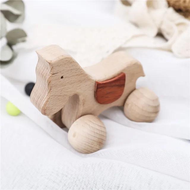 1PCS Baby Toys Wooden Car Cartoon Animals Shape Food Grade BPA Free Newborn Montessori Handmade Rattles Newborn Teether Toy Gift 2