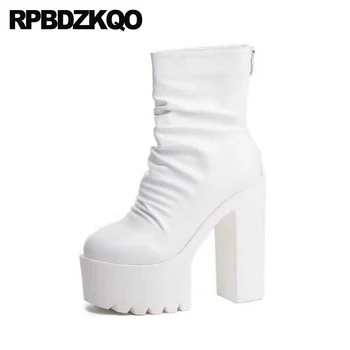 

white women ankle boots 2019 round toe platform winter shoes block fetish chunky thick 14cm ladies waterproof high heel extreme