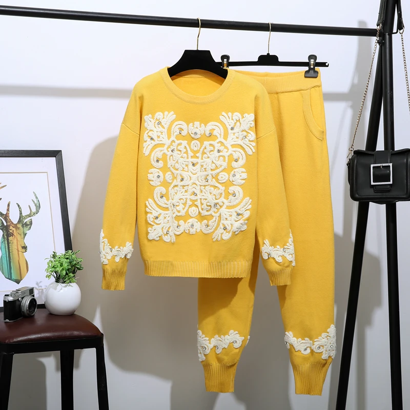 yellow Осень-зима, Женский комплект 2 шт., вязаные комплекты, джемпер, свитер+ брюки, костюм для женщин, комплект из двух предметов, вязаный костюм со штанами - Цвет: yellow