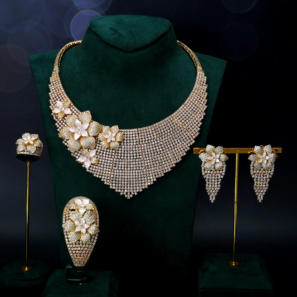 

TIRIM Luxury Elegant Bridal Necklace Set for Women Flower Shell Cubic Zirconia Wedding Jewelry Sets Brides Accessories Jewelry