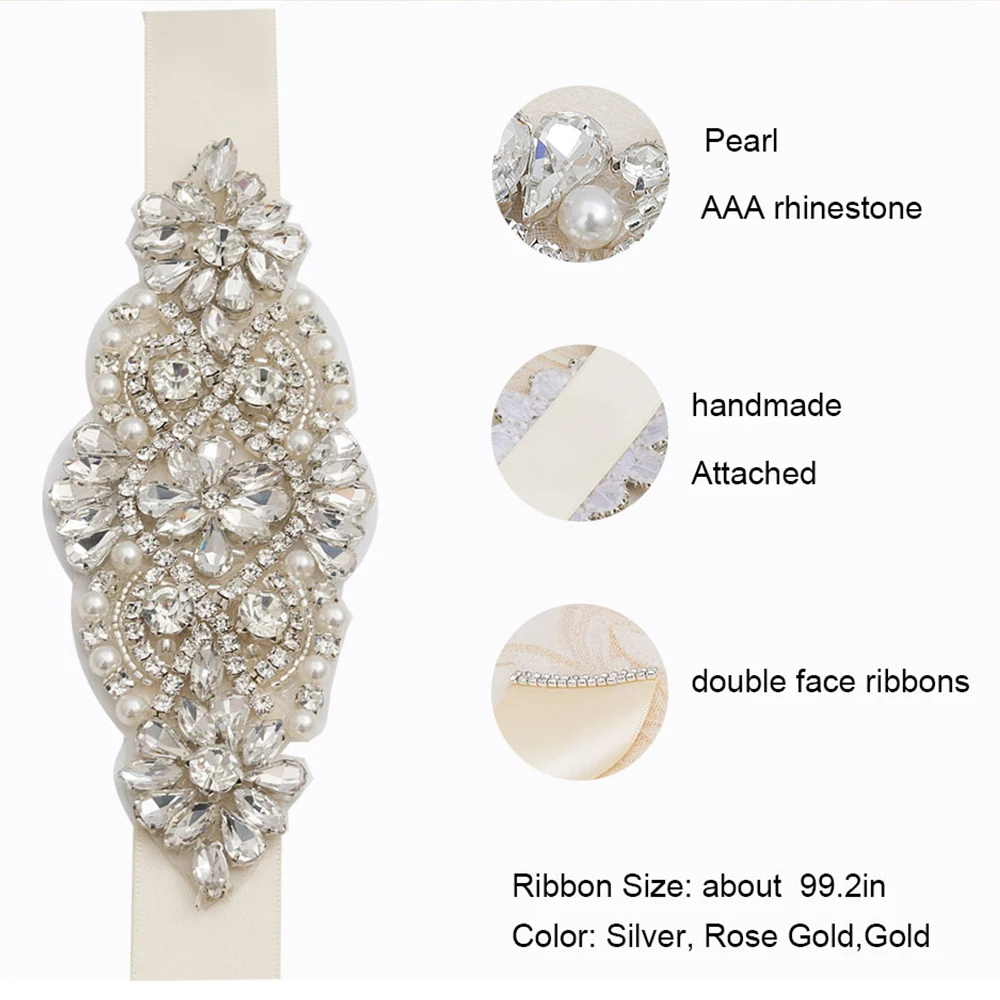 MissRDress Wedding Dress Belt Rhinestones Bridal Sash Crystal Pearls Bridal Belt Gold Wedding Sash Bridal Dress Belt JK850