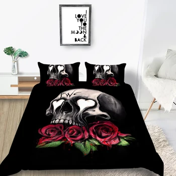 

Skull Bedding Set Rose Scary Romantic Love 3D Duvet Cover Creative Queen King Twin Full Single Double Unique Design Bed Set