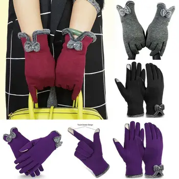 

Womens Ladies Bow Fleece Lined Warm Thick Touch Screen Full Finger Winter Gloves