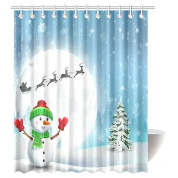 

New Year Home Bathroom Decor Christmas Shower Curtain Decorations Happy Snowman Christmas Shower Curtain