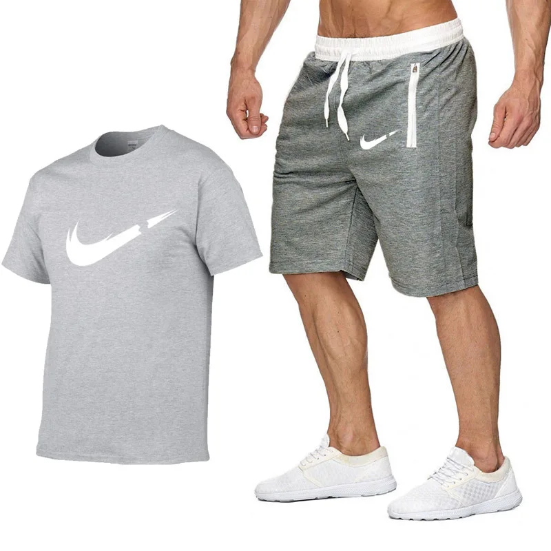 Качественные мужские комплекты, футболки+ шорты, Мужская брендовая одежда, костюм из двух предметов, спортивный костюм, модные повседневные футболки для тренажерного зала, тренировочные комплекты для фитнеса