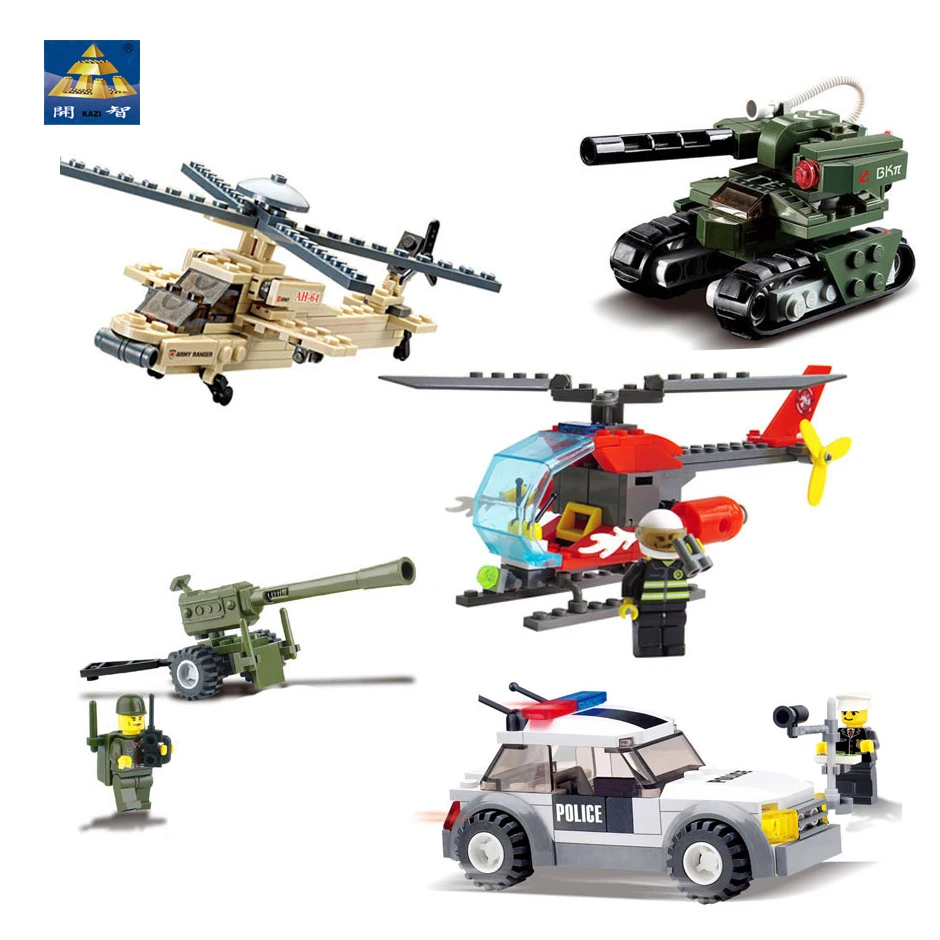 

KAZI Police Car Cannon Tank Apache Helicopter Aircraft Model DIY Building Blocks Bricks compatible legoingly Toys for children