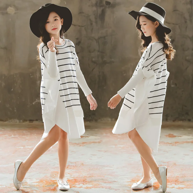 

Spring Autumn Dress Fashion Big Girls Casual Loose O Neck Bat-wing Sleeve Striped Irregular Dress for 3-16Y School Girls CL089