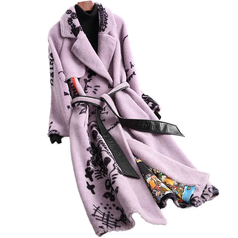 

New Autumn Winter Real Sheep Wool Fur Coats Ladies Printed Sheep Shearing Long Warm Jackets Fashion Korean Version100%wool Coat