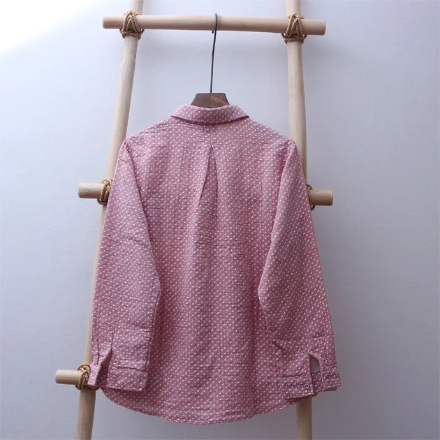 Милая рубашка в горошек с геометрическим узором из хлопчатобумажной пряжи с длинными рукавами, винтажная Женская BV-FL-V029NN326
