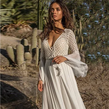 

2020 Summer Dress Women Boho White Long Dress Autumn Woman Maxi Dress Beach Lace Hollow V-neck Long Sleeve Dresses For Women New