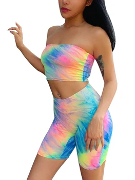 

Women's summer clothing 2 pieces of fashion sexy tie dye printing tube top + shorts suit casual sports suit soft