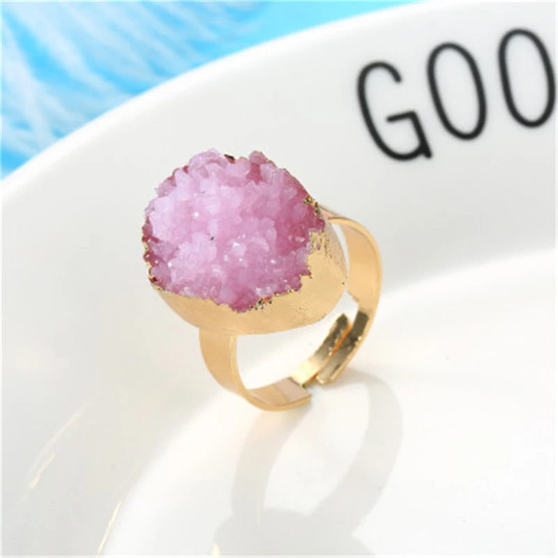 2020 New Resin Rings Geode Quartz Crystal Rings Oval Pink Blue Ring Gold Plated Rings For Women Accessories Jewelry (17)