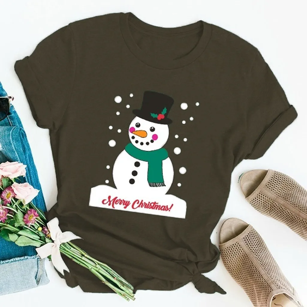 Женская футболка с изображением Санта-Клауса и снеговика, рождественские футболки с коротким рукавом размера плюс, женские рождественские вечерние футболки