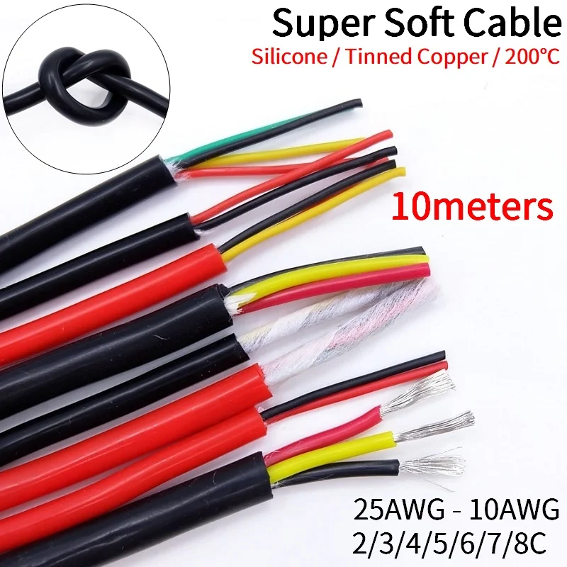 Fio Flexível Super Macio da Bainha da Borracha do Silicone Cabo de Cobre do Poder 10m Núcleos 25 24 22 20 18 17 15 13 11 10 Awg