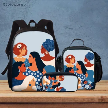 

ELVISWORDS Fashion 3pcs School Bags African Women Party Design Art Shoulder Backpacks for Teenager Girls School Bookbag Mochilas