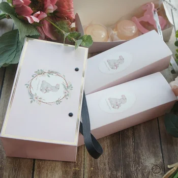 

10 Boxes 5 Bag Set Soft Pink Mother Baby Rabbit Design Paper Box Cookie Candy Macaron Birthday Mother's Day Gift Packaging Use