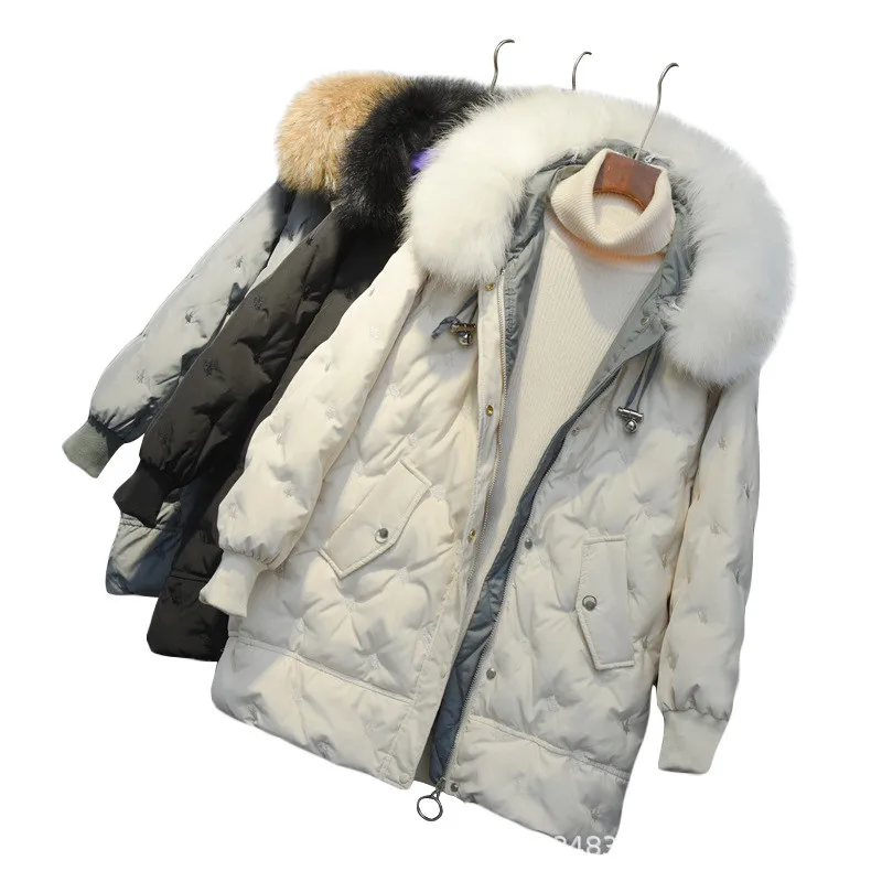 Новинка зимы Стиль корейско-Стиль пуховая куртка средней длины, женские сапоги выше колена на толстом большой меховой воротник, модная, свободная, Повседневное пальто