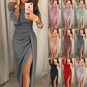 

Womens Off Shoulder Long Sleeve Bodycon Dress Split Evening Cocktail Party Gown