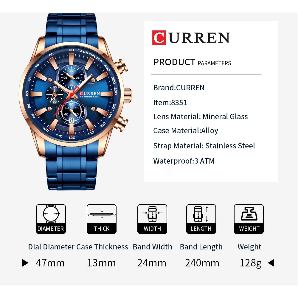 CURREN, роскошные Брендовые мужские часы, хронограф, мужские спортивные кварцевые часы из нержавеющей стали, мужские часы, водонепроницаемые, Relogio Masculino