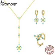 Bamoer, ювелирные наборы с сияющими звездами для женщин, ожерелье, висячие и кольца на палец для женщин, 925 пробы, серебряное, свадебное, Bijoux ZHS145