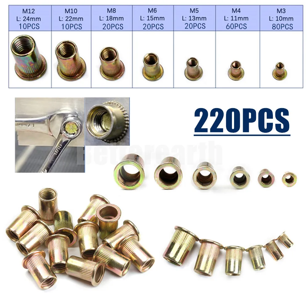 

220PCS/Box M3 M4 M5 M6 M8 M10 M12 Insert Reveting Carbon Steel Rivet Nuts Flat Head Rivet Nuts Set Hardware Parts