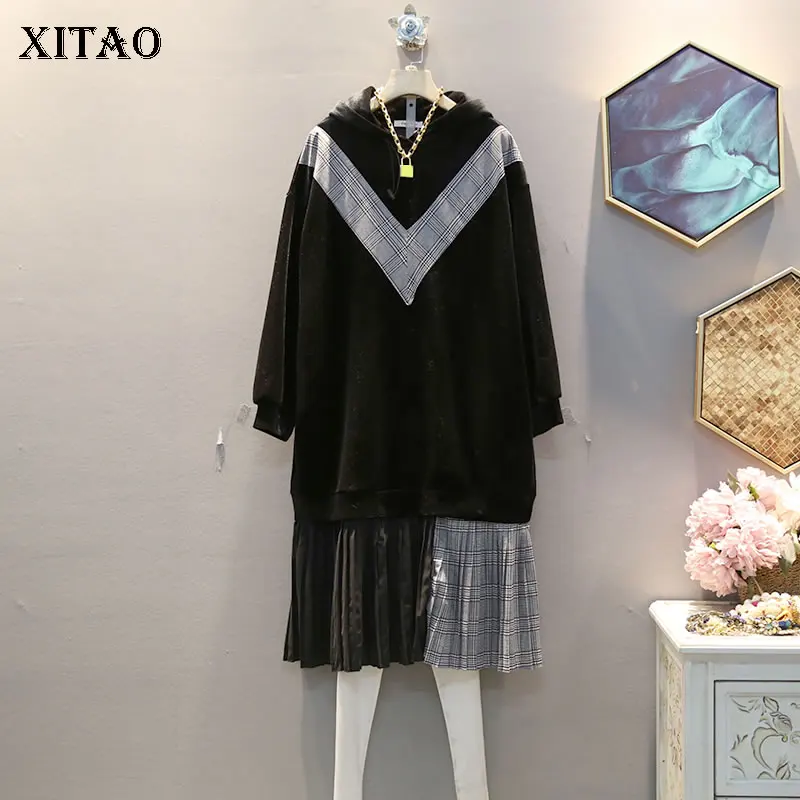 XITAO лоскутное Полосатое популярное цветное плиссированное платье женская одежда модное свободное Элегантное зимнее платье размера плюс с подолом GCC2754