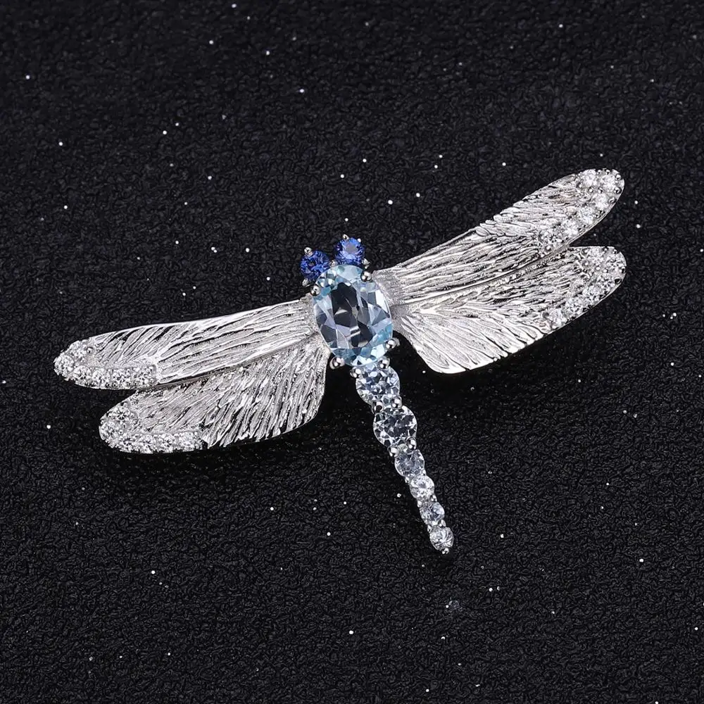 GEM'S BALLET Handmade Design Dragonfly Brooch 925 Sterling Sliver 1.41Ct Natural Sky Blue Topaz Brooches For Women Fine Jewelry