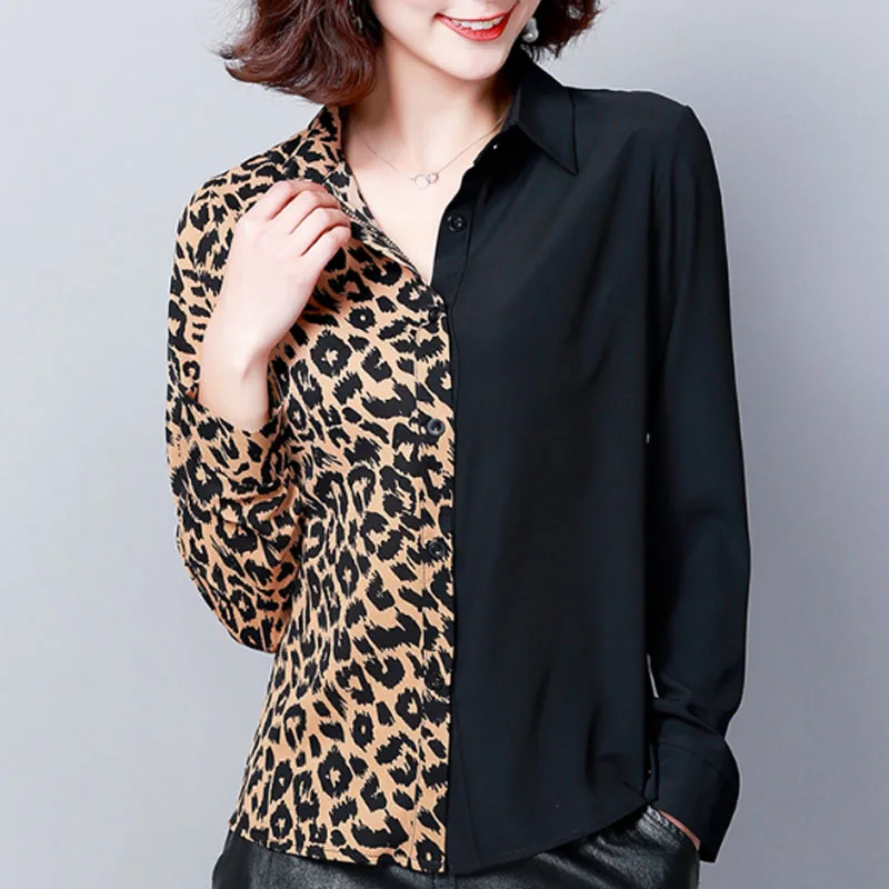  2019 Autumn Fashion Women Shirts Casual Spliced Women Clothing OL Plus Size Long Sleeve Leopard Wom