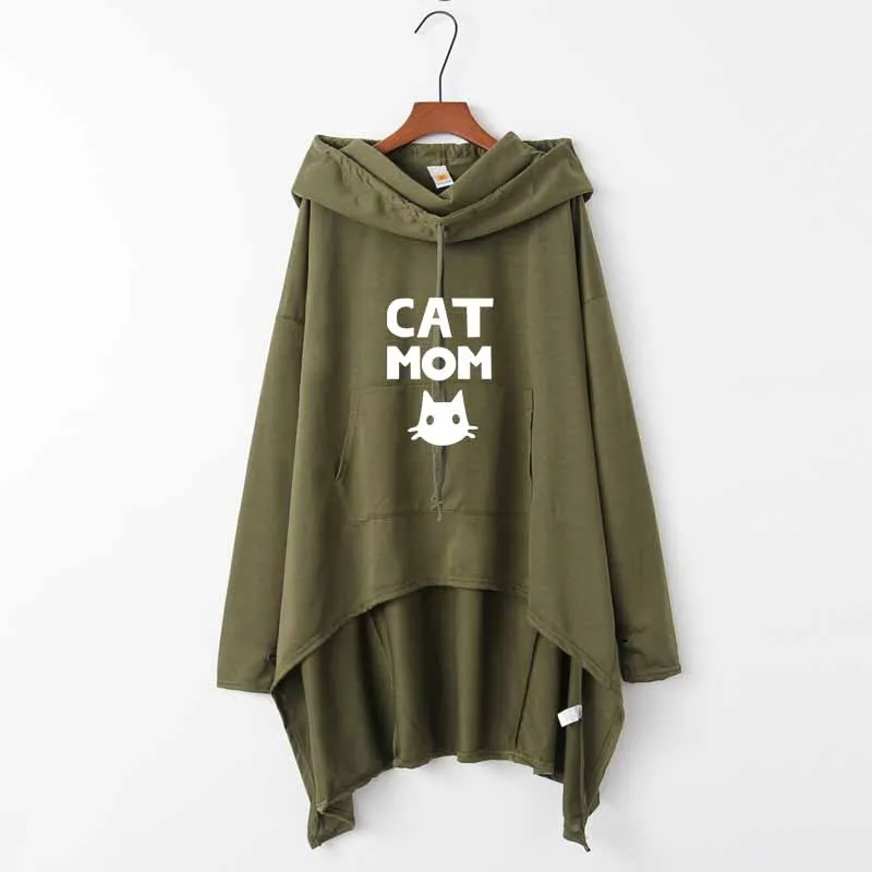 Плюс Размеры пуловер кошка Толстовка MOM топ с капюшоном большой Размеры женский осень-зима Новые поступления женские худи Винтаж 5XL - Цвет: Армейский зеленый