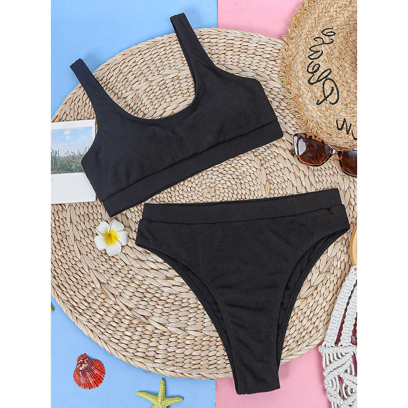 ingaga sexy cintura alta bikini conjunto com nervuras maiôs femininos sólido banho feminino alta corte trajes de banho scoop neck beachwear