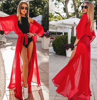 

2019 Summer Women Swimsuit Bikini Cover Up Sexy Beach Cover Ups Chiffon Long Dress Elegant Solid Beach Bathing Suit tunic kaftan