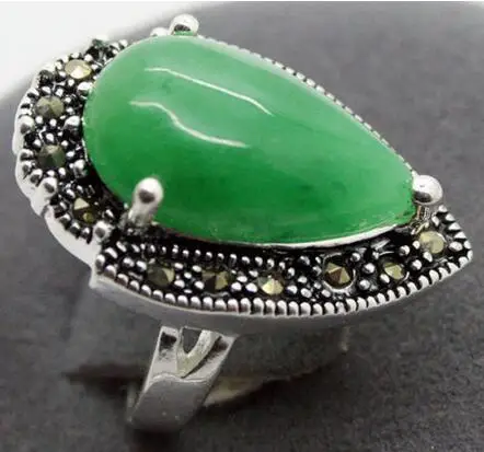 

Natural Green Jade gem Drop Gems 925 Sterling Silver Marcasite Ring Size 7/8/9/10