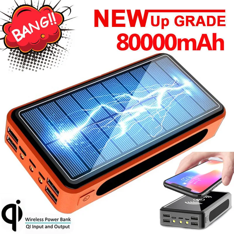 80000mAh Qi Wireless Power Bank Solar Power Bank 4usb Charger 9V 4A