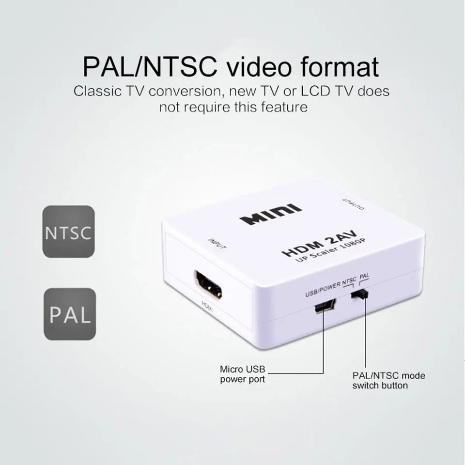 HDMI-compatible TO AV Scaler Adapter HD Video Composite Converter Box HD to RCA AV/CVSB L/R Video 1080P Support NTSC PAL