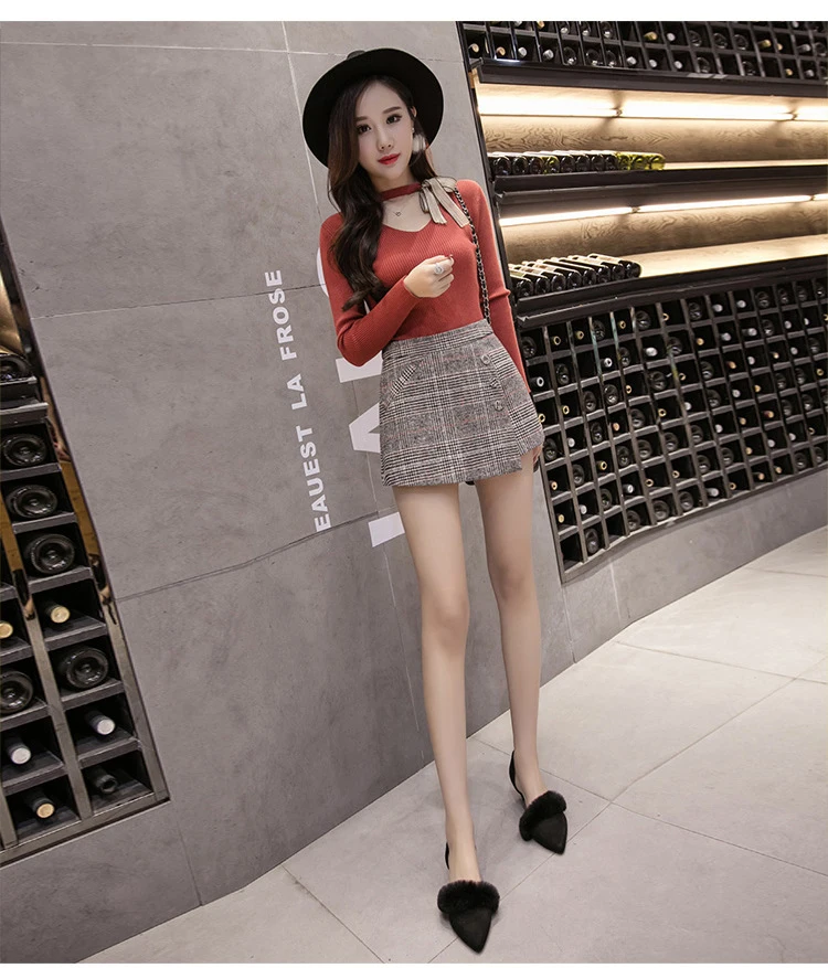 Зимние плотные шерстяные шорты женские осенние клетчатые шорты с высокой талией юбки элегантные широкие нестандартные женские офисные рабочие шорты