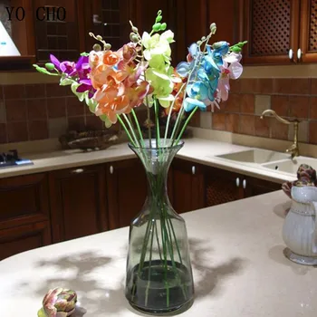 YO CHO 1Pc Silk Butterfly Orchid Artificial Flower Branch Long Stem Fake Flores For Wedding Home Hotel Party Decor Fabric Orchid