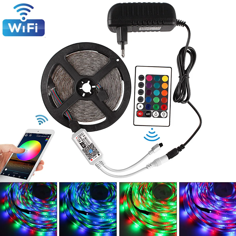 

5M RGB Led Strip Lights 12V Waterproof WiFi / Bluetooth 2835 Fita Tiras Led Diode Tape Colores Decoracion Music Control Adapter