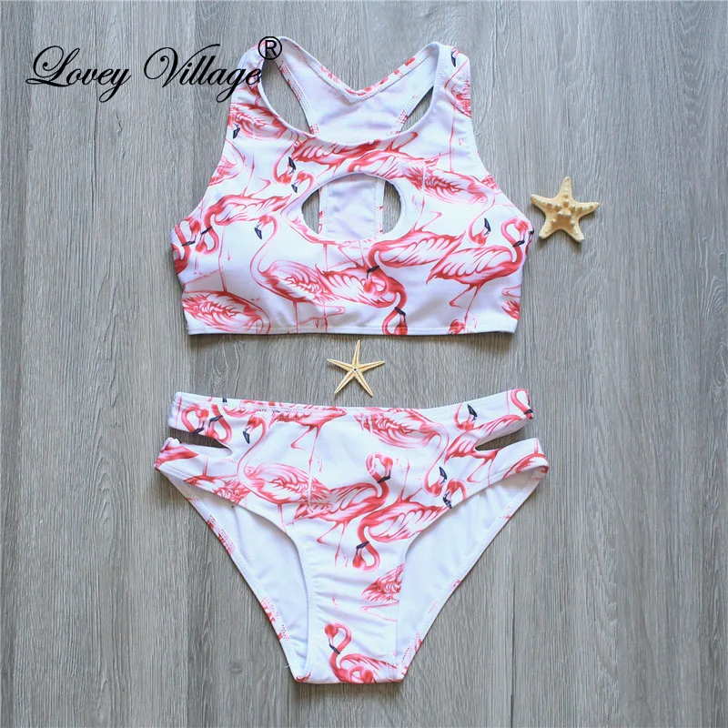 

2020 New High Neck Bikini Women Swimsuit Flamingo Swimwear Bandage Cut Out Brazilian Bikini Set Print Summer Beach Bathing Suit