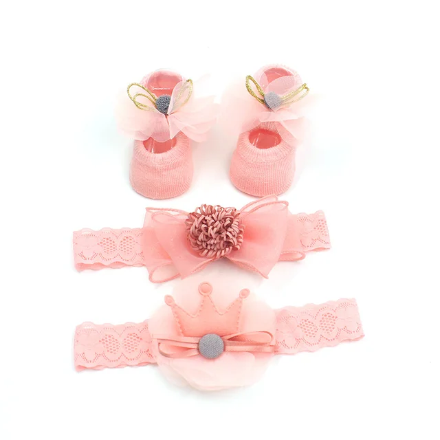 Infant Newborn Baby Girls 3Pcs/Set Slipper Socks Headband Gift Foot Socks Lace Crown Hair Band Accessories Photo Props Meias 3