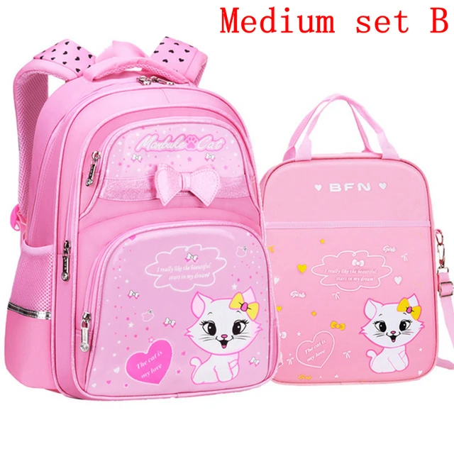 Waterproof Children School Bags Cartoon Cute Princess Backpacks Orthopedic Kids Book Bags for Teenage Girls Schoolbags Mochila Medium set B