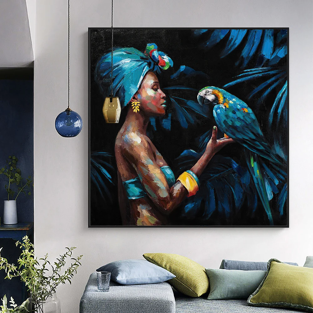 

Sexy African Woman Face Oil Painting Wall Art 50% Hand-painted Oil Painting Colorful Parrot oil Painting for Livingroom Decor