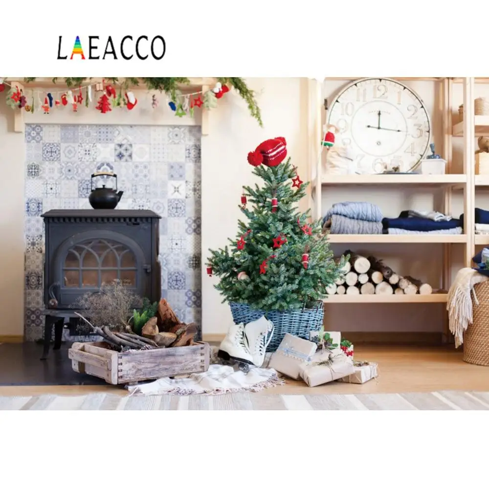 

Old Fireplace Rural House Christmas Tree Basket Gift Clock Baby Child Portrait Photo Background Photography Backdrop Photocall