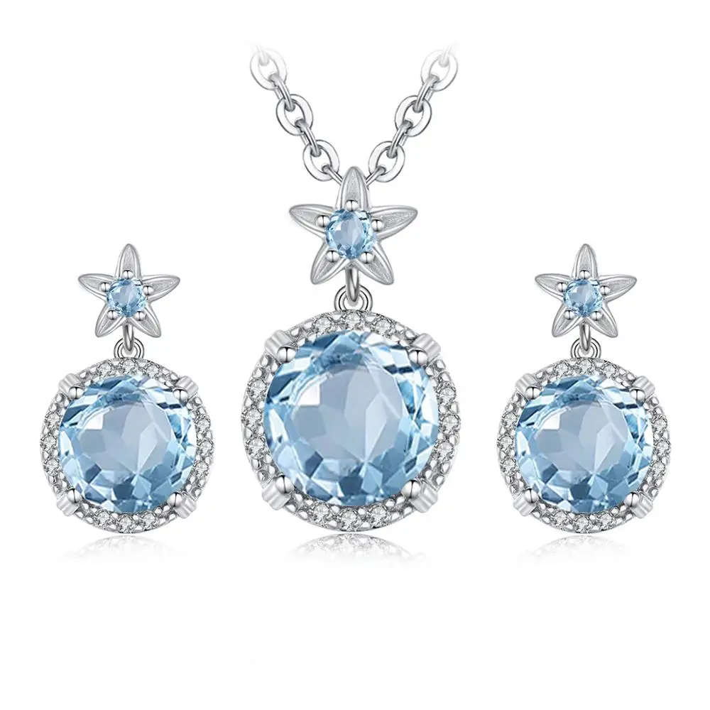 

Szjinao Silver Jewelry Sets For Women 925 Sterling Silver Sky Blue Aquamarine Flower Earrings Pendant Set Vintage Fine Jewelry
