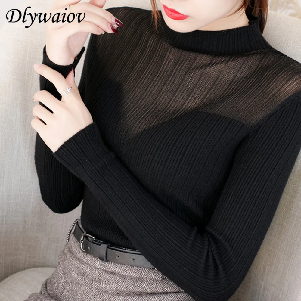 

2020 Fashion Turtleneck Sweaters Women Knitted Slim Mesh Tops Autumn Winter Korean Pullovers Female Jumper Pull Femme Sweater