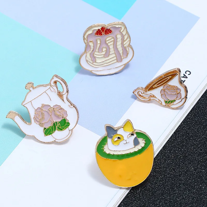 

2018 New Style Creative Coffee Cup Cat Tea Pot Cat Rabbit Record Oil Drop Cartoon Brooch Clothing