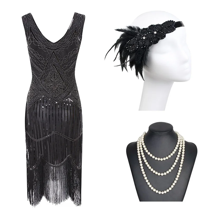 1920s Гэтсби блесток бахромой Пейсли Хлопушка платье с 20s аксессуары набор xs, s, l, m, xl, xxl - Цвет: Black Silver Set