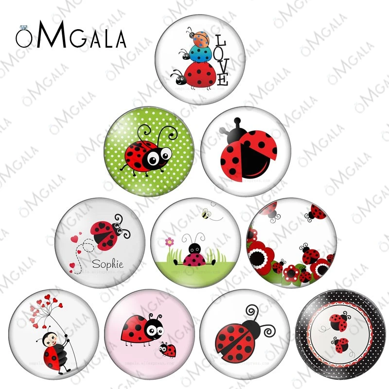 Cartoon cute animal Red Ladybug 10pcs Mixed 8/10mm/12mm/18mm/20mm/25mm Round photo glass cabochon demo flat back Making findings