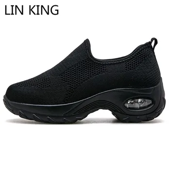 

LIN KING Women Shoes New Flyknit Sneakers Women Breathable Slip On Wedges Shoes Non SLIP White Sneakers Casual Loafers Big Size